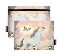 Nexawaveo Lot de 2 trousses à crayons motif cheval et papillon pour classeur à 3 anneaux Fermeture éclair lisse avec fenêtre en PVC transparent pour fournitures scolaires