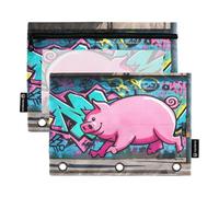 Nexawaveo Lot de 2 trousses à crayons motif cochon sur mur bleu et coloré pour classeur à 3 anneaux, fermeture éclair lisse avec fenêtre en PVC transparent pour fournitures scolaires