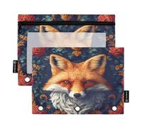 Nexawaveo Lot de 2 trousses à crayons motif visage de renard et floral pour classeur à 3 anneaux, fermeture éclair lisse avec fenêtre en PVC transparent pour fournitures scolaires