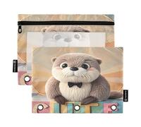 Nexawaveo Lot de 2 trousses à crayons pastel motif loutre 3D pour classeur à 3 anneaux, fermeture éclair lisse avec fenêtre en PVC transparent pour fournitures scolaires