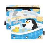 Nexawaveo Lot de 2 trousses à crayons Playful Penguin Bath pour classeur à 3 anneaux, fermeture éclair lisse avec fenêtre en PVC transparent pour fournitures scolaires
