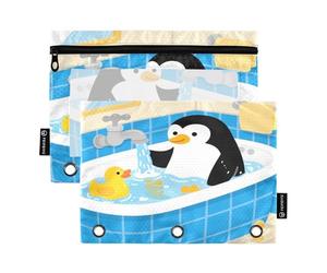 Nexawaveo Lot de 2 trousses à crayons Playful Penguin Bath pour classeur à 3 anneaux, fermeture éclair lisse avec fenêtre en PVC transparent pour fournitures scolaires