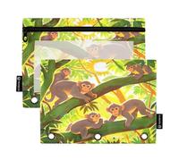 Nexawaveo Lot de 2 trousses à crayons pour classeur à 3 anneaux avec fermeture éclair lisse et fenêtre en PVC transparent Motif singes dans une jungle verte