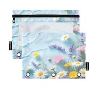 Nexawaveo Lot de 2 trousses à crayons pour classeur à 3 anneaux avec fermeture éclair lisse et fenêtre en PVC transparent Motif fleurs sauvages sur fond bleu clair