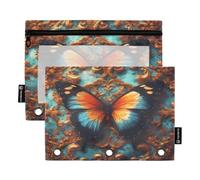 Nexawaveo Lot de 2 trousses à crayons pour classeur à 3 anneaux avec fermeture éclair lisse et fenêtre en PVC transparent Motif papillon Bleu sarcelle doré