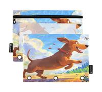 Nexawaveo Lot de 2 trousses à crayons pour classeur à 3 anneaux avec fermeture éclair lisse et fenêtre en PVC transparent Motif teckel