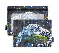 Nexawaveo Lot de 2 trousses à crayons pour classeur à 3 anneaux avec fermeture éclair lisse et fenêtre en PVC transparent pour fournitures scolaires Motif léopard des neiges