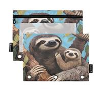 Nexawaveo Lot de 2 trousses à crayons pour classeur à 3 anneaux avec fermeture éclair lisse et fenêtre en PVC transparent Motif paresseux vert tropical