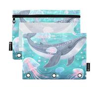 Nexawaveo Lot de 2 trousses à crayons pour classeur à 3 anneaux, fermeture éclair lisse avec fenêtre en PVC transparent, motif baleine et méduse dans l'océan
