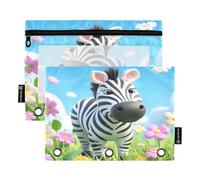 Nexawaveo Lot de 2 trousses à crayons pour classeur à 3 anneaux, fermeture éclair lisse avec fenêtre en PVC transparent, motif zèbre et plantes colorées, fournitures scolaires