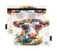 Nexawaveo Lot de 2 trousses à crayons style graffiti vache avec décoration florale et lunettes - Pour classeur à 3 anneaux - Fermeture éclair lisse avec fenêtre en PVC transparent - Fournitures