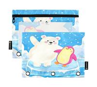 Nexawaveo Penguin and Polar Beat Lot de 2 trousses à crayons pour classeur à 3 anneaux Fermeture éclair lisse avec fenêtre en PVC transparent pour fournitures scolaires
