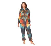 Nexawaveo Pyjama grenouillère en polaire ultra douce pour adultes - Combinaison confortable à capuche avec poche, Papillon bleu sarcelle doré, X-Large