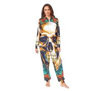 Nexawaveo Pyjama grenouillère en polaire ultra douce pour adultes - Combinaison confortable à capuche avec poche, Crâne orange et noir, X-Large