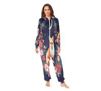 Nexawaveo Pyjama grenouillère en polaire ultra douce pour adultes - Flamant rose, lune et fleur - Combinaison intégrale à capuche avec poche, Renard dans la nuit des fleurs, XX-Large