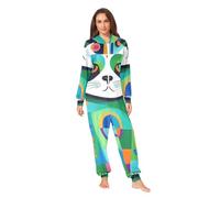 Nexawaveo Pyjama grenouillère en polaire ultra douce pour adultes - Motif géométrique lapin - Confortable à capuche - Combinaison intégrale avec poche, Motifs Panda Bleu Art Moderne, Medium
