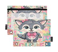 Nexawaveo Retro Fox Lot de 2 trousses à crayons multicolores pour classeur à 3 anneaux Fermeture éclair lisse avec fenêtre en PVC transparent pour fournitures scolaires