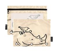 Nexawaveo Rhino and Bird Lot de 2 trousses à crayons beige pour classeur à 3 anneaux Fermeture éclair lisse avec fenêtre en PVC transparent pour fournitures scolaires