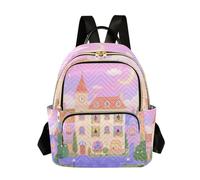 Nexawaveo Sac à dos matelassé pour femme Night Iris Violet Rouge Sac à dos pour ordinateur portable 14", Bâtiment de l'hôtel Pastel, Small, Sacs à dos