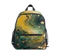 Nexawaveo Sac à dos pour enfants d'âge préscolaire avec étiquette de nom pour garçons et filles, Abstrait Étoiles Vert Or, Medium, Sacs à dos de jour