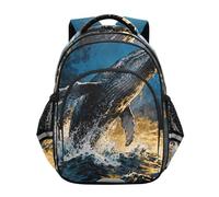 Nexawaveo Sac à dos pour enfants de 43,2 cm pour école, voyage, randonnée, baleine de mer doré, bleu maternelle, sac à dos élémentaire avec bande réfléchissante