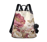Nexawaveo Sac à dos pour femme, sac à dos antivol avec poche à fermeture éclair, sac à dos de voyage, Floral Butterfly Art Crème