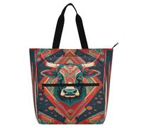 Nexawaveo Sac fourre-tout imperméable multi-usages avec fermeture éclair Sanxingdui Figure Portrait Bleu Rouge 600D Oxford Sac à provisions, Portrait de taureau tribal rouge foncé, Taille unique