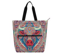 Nexawaveo Sac fourre-tout imperméable multi-usages avec fermeture éclair Sanxingdui Figure Portrait Bleu Rouge 600D Oxford Sac à provisions, Tribal Bull Portrait Multicolore, Taille unique