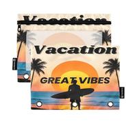 Nexawaveo Silhouette Surfer Beach Sunset Lot de 2 trousses à crayons pour classeur à 3 anneaux Fermeture éclair lisse avec fenêtre en PVC transparent pour fournitures scolaires