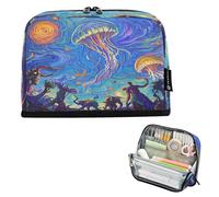 Nexawaveo Trousse à crayons de grande capacité 21,1 x 15 cm, méduses et créatures fantastiques dans une pochette bleue pour l'école, le bureau, les voyages