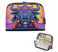 Nexawaveo Trousse à crayons de grande capacité 21,1 x 15 cm - Motif taureau mythique doré - Pour l'école, le bureau, les voyages