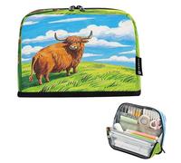 Nexawaveo Trousse à crayons de grande capacité 21,1 x 15 cm, motif vache des Highlands sur Green Hill pour l'école, le bureau, les voyages