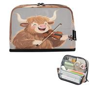 Nexawaveo Trousse à crayons de grande capacité 21,1 x 15 cm - Vache des Highlands jouant du violon - Pour l'école, le bureau, les voyages