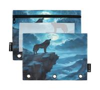 Nexawaveo Wolf Howling Lot de 2 trousses à crayons pour classeur à 3 anneaux Fermeture éclair lisse avec fenêtre en PVC transparent pour fournitures scolaires