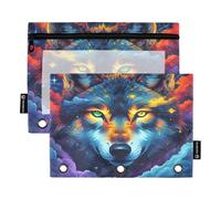 Nexawaveo Wolf in Space Lot de 2 trousses à crayons pour classeur à 3 anneaux Fermeture éclair lisse avec fenêtre en PVC transparent pour fournitures scolaires