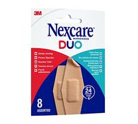 Nexcare DUO pansements, tailles assorties, 8 pansements par paquet, maintien solide pendant 24 heures, retrait sans douleur, pansements résistants à l'eau pour blessures et égratignures légères