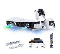 NexiGo PS5 Support horizontal fin avec station de charge et ventilateur RVB silencieux amélioré, indicateur LED, blanc