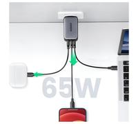 Nexode GaN Mains Charger 2x USB Type C / 1x USB 65W PD Power Delivery black