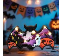 Nexoria Plaque de table décorative d'Halloween - En bois avec lumière LED - Chauve-souris - Décoration de table effrayante - Fonctionne avec piles - Pour décoration de fête (A)