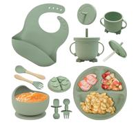 NEXROLA Assiette Bebe, 8 pièces, Vaisselle Bebe Silicone, Assiette Ventouse pour Bébé, Bol Cuillere Bavoir Bebe, Set Repas Bébé,Sans BPA, Couverts Enfant pour lave-vaisselle et micro-ondes, Vert