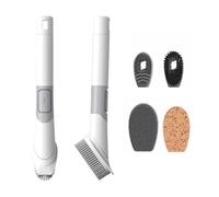 NEXROLA Brosse de Nettoyage 4-en-1 avec Réservoir de Produit,4 Têtes Interchangeables: Brosse,Éponge,Fibre Végétale & TPR pour Cuisine & Salle de Bain,avec Crochet de Suspension (23x11x4 cm),Blanc