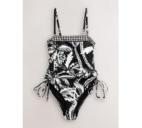 Next Black/Cream Palm Bandeau Ruched Leg Tummy Control Shaping Swimsuit