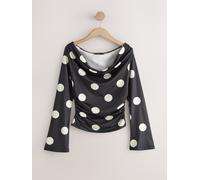 Next Black/Ecru Polka Dot Soft Touch Slinky Drape Long Sleeve Top