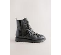 Next Black Leather Forever Comfort Buckle Trim Lace Up Boots