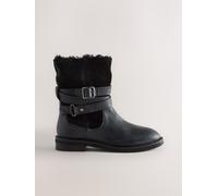 Next Black Oiled Leather Forever Comfort Borg Lined Buckle Trim Ankle Boots