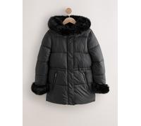 Next Black Short Padded Coat with Faux Fur Trim Hood and Cuffs