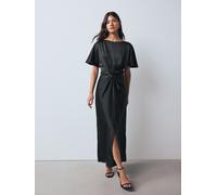 Next Black Textured Satin Short Sleeve Twist Front Midi Dress Black EU 38 Tall (UK 10 T)
