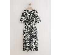 Next Black/White Animal Print Short Sleeve Waisted Midi Dress with Linen Black/White Animal Print EU 40 (UK 12)