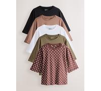 Next Black/White/Brown/Polka Dot Relaxed Boxy Elbow Length Crew Neck T-Shirts 5 Pack