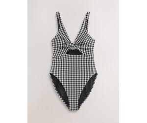 Next Black/White Crinkle Gingham Cutout Plunge Tummy Control Swimsuit
